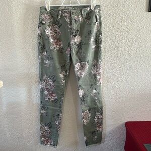 Wallflower Jeans. Size 7 Juniors. Sage pants with pink/ purple flower design.